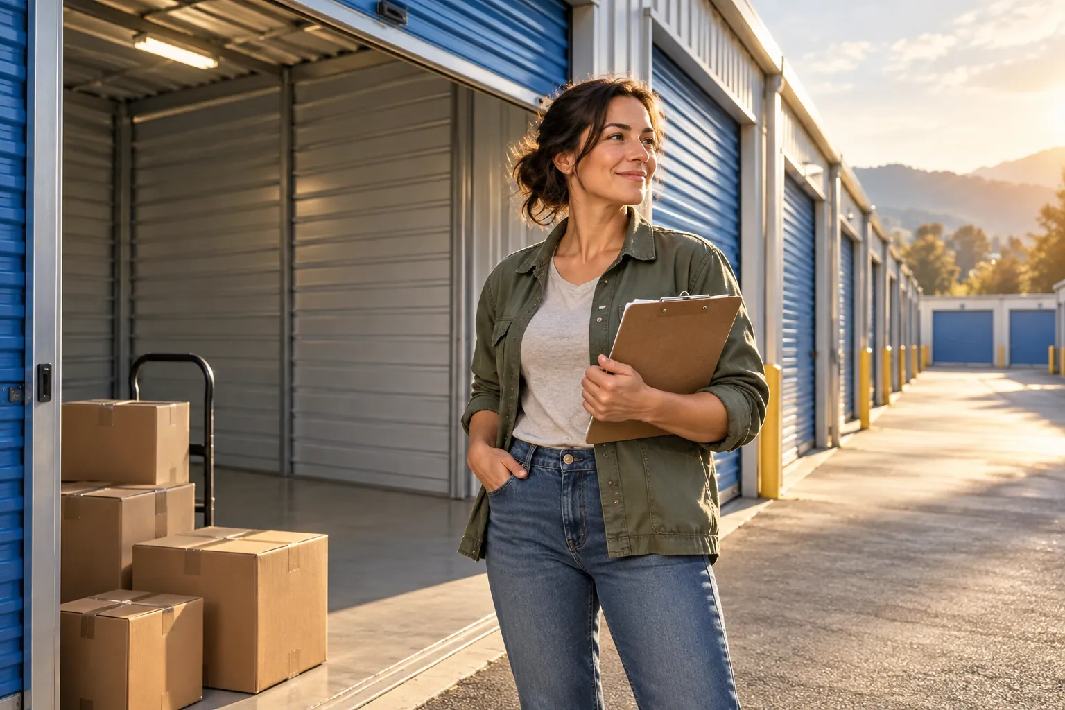 Illustration of Leah beside a clean storage unit with blue doors and moving boxes.