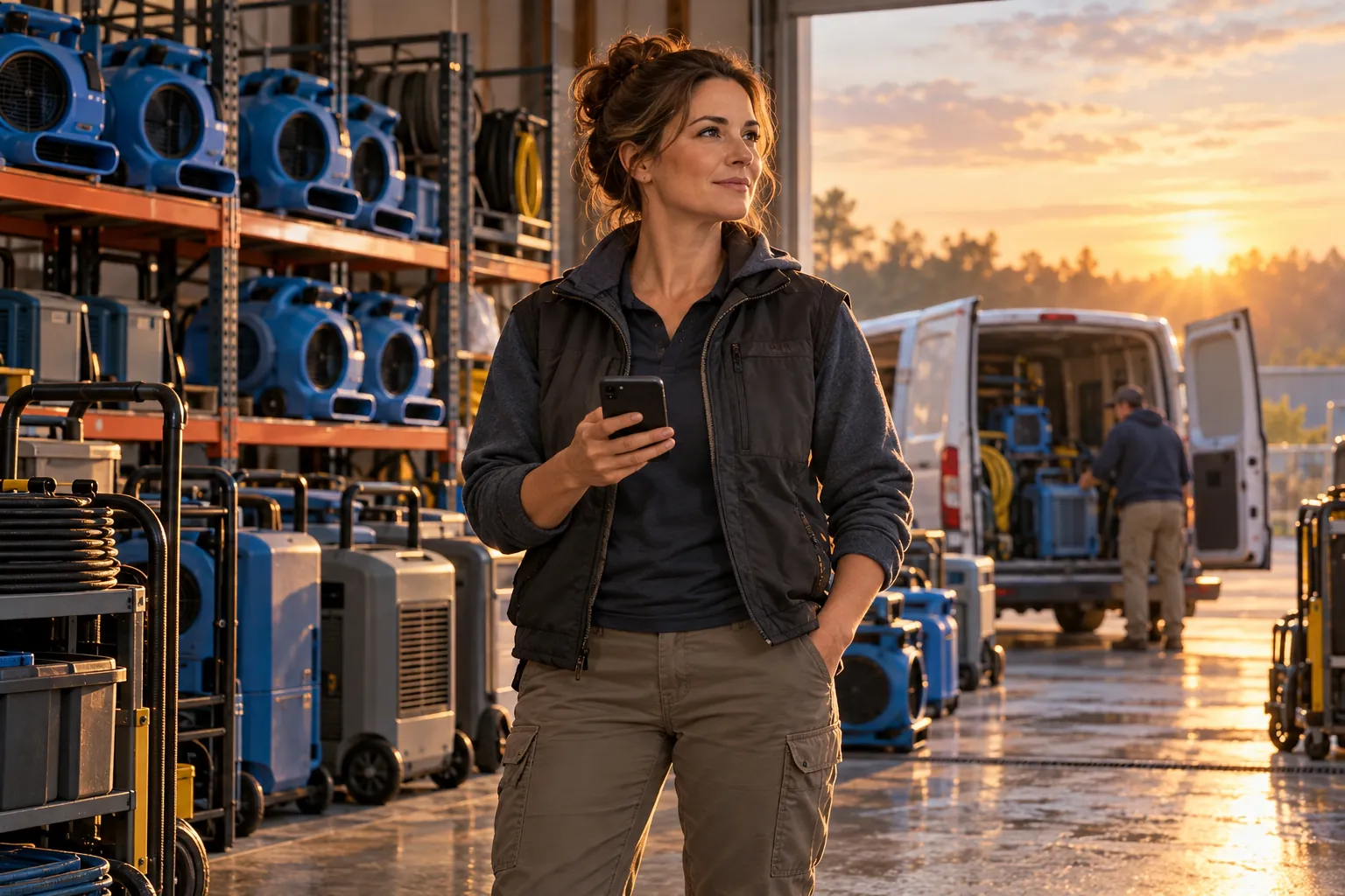 Illustration of Tess at her restoration equipment depot at dawn.