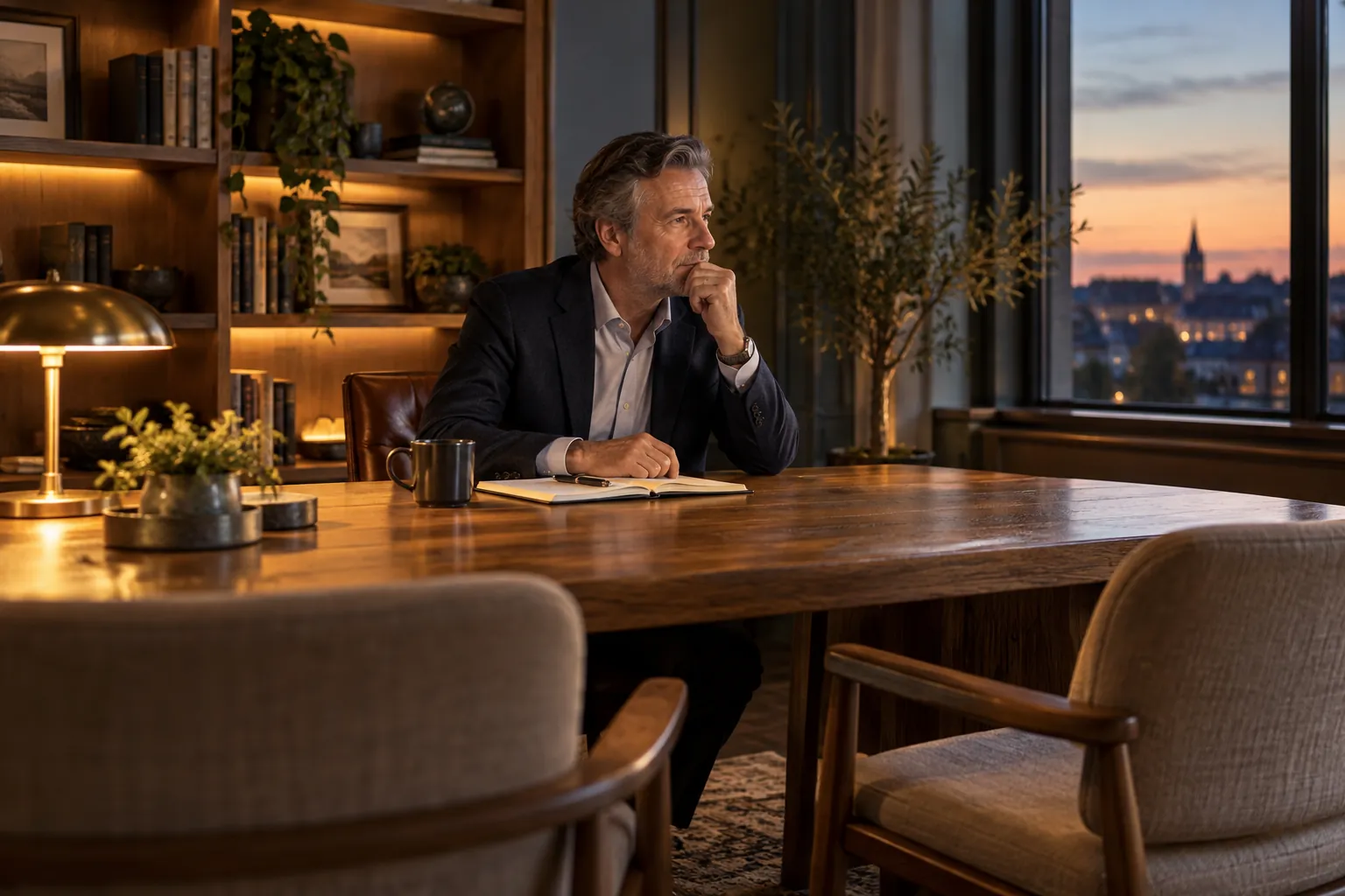 Illustration of Julian reviewing a notebook at an oak meeting table in his advisory office.