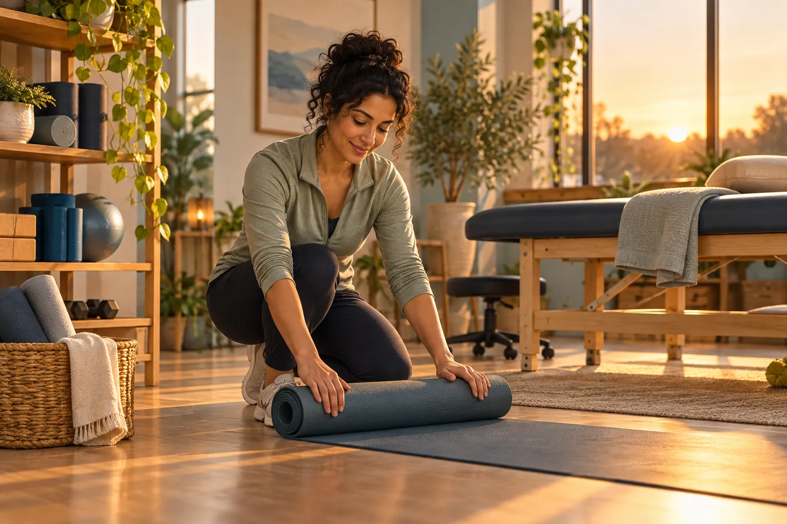 Illustration of Aisha closing her bright wellness studio beside a treatment bench and exercise mat.