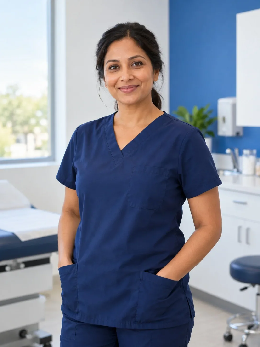 Illustrative fictional clinician in navy scrubs
