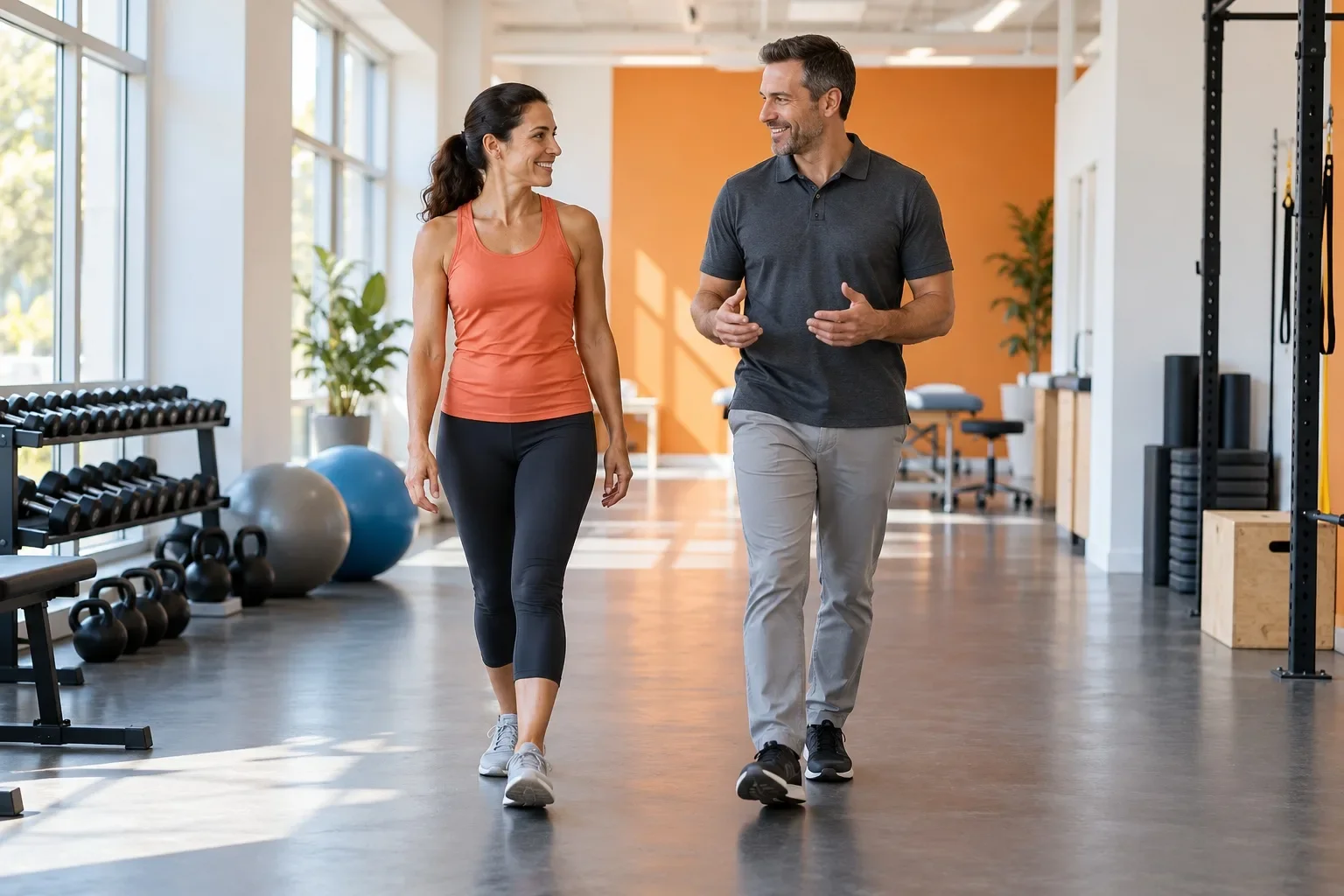 Illustrative adult and therapist walking through a bright movement studio