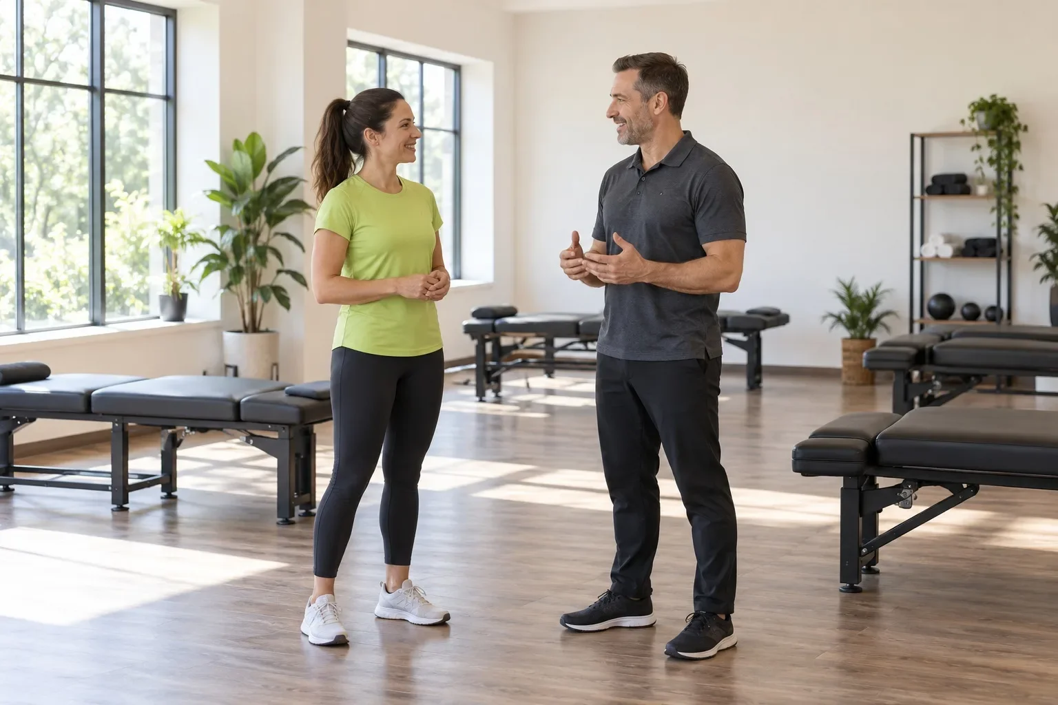 Illustrative adult and movement professional talking in a bright studio