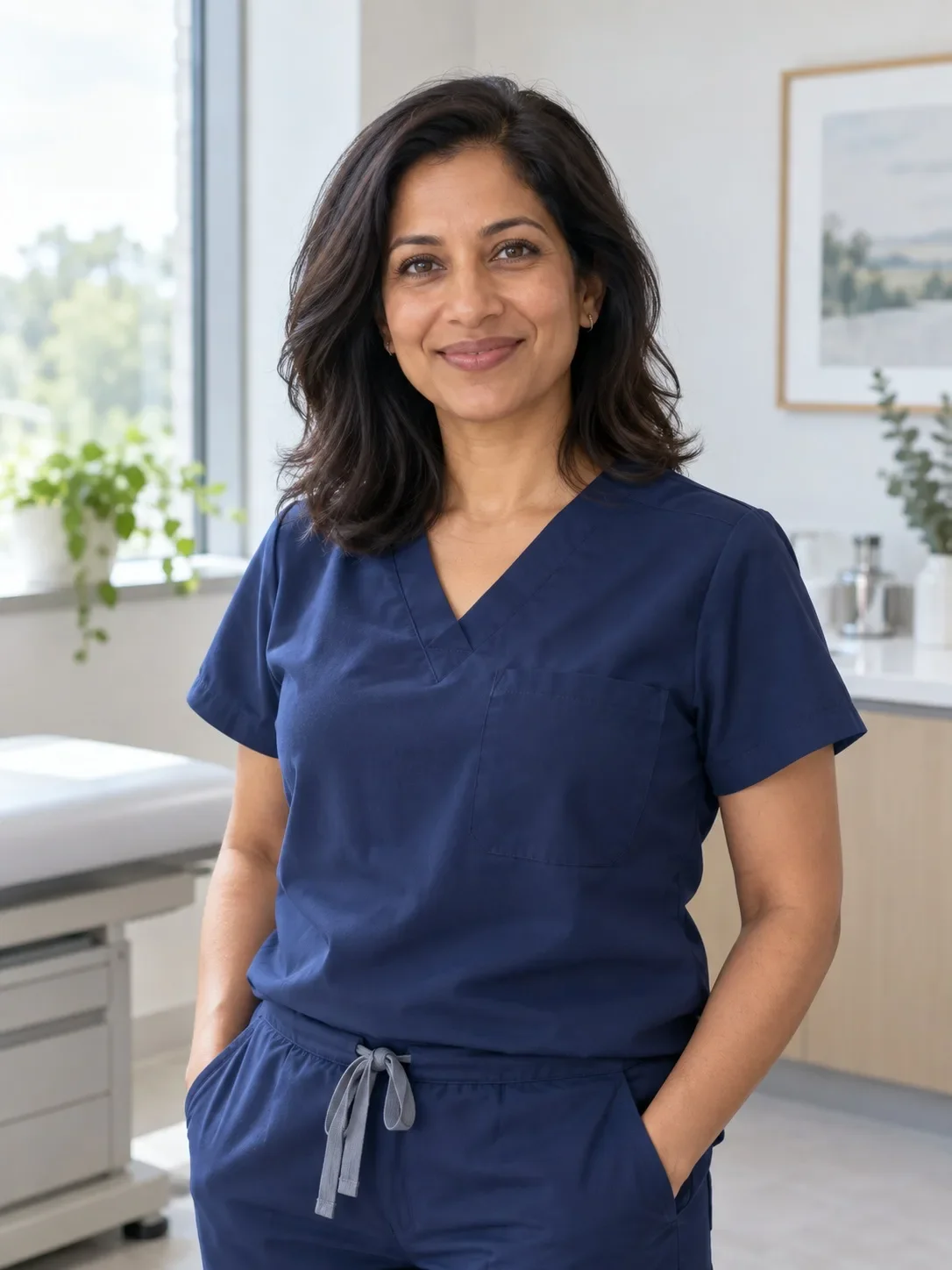 Illustrative fictional clinician in navy scrubs