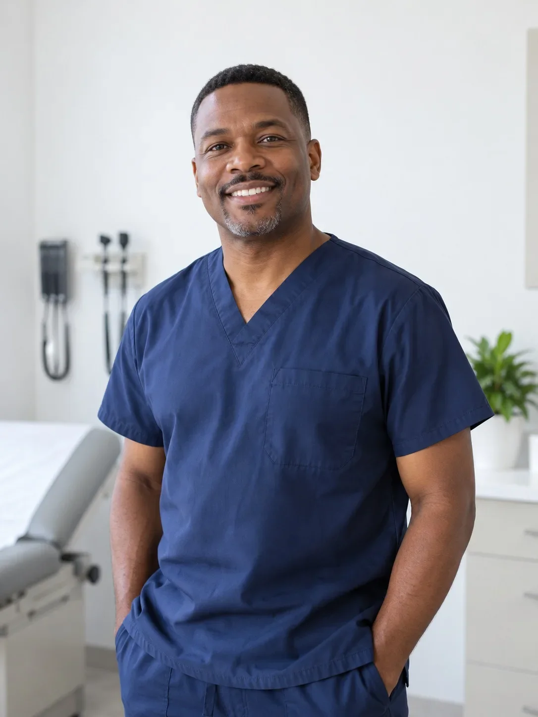 Illustrative fictional clinician in navy scrubs